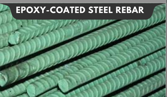 Epoxy-coated steel rebar with text overlay